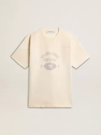 Herr-T-shirt i bomull i vintagevit med rå kant framtill.
