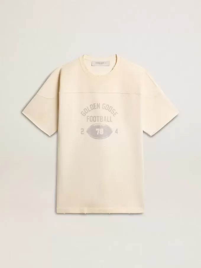 Herr-T-shirt i bomull i vintagevit med rå kant framtill. Herr-T-shirt i bomull i vintagevit med rå kant framtill.