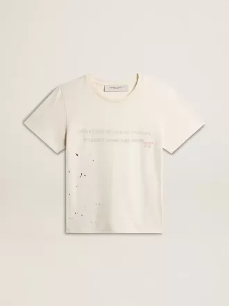 Herr-T-shirt i åldrad vit bomull med tryck och broderi