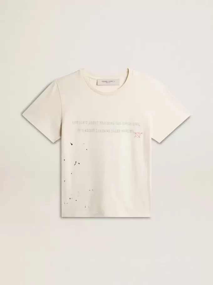 Herr-T-shirt i åldrad vit bomull med tryck och broderi