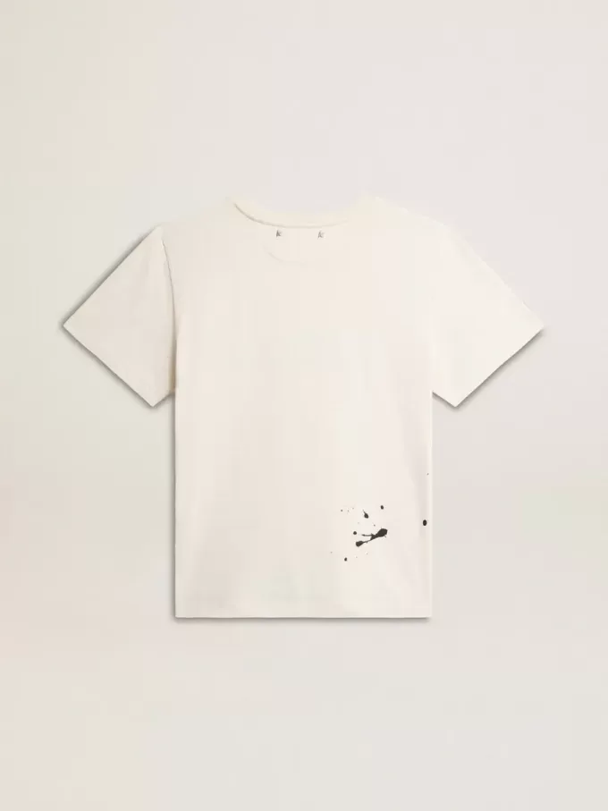 Herr-T-shirt i åldrad vit bomull med tryck och broderi
