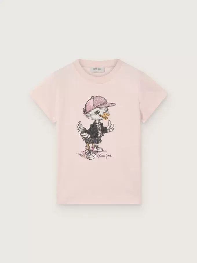 Journey T-shirt för flickor i rosa bomullsjersey med digitalt maskottryck Journey T-shirt för flickor i rosa bomullsjersey med digitalt maskottryck