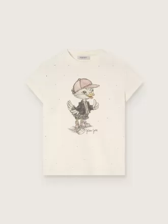 Journey T-shirt för flickor i vit bomullsjersey med digitalt tryck av maskoten och kristallapplikationer