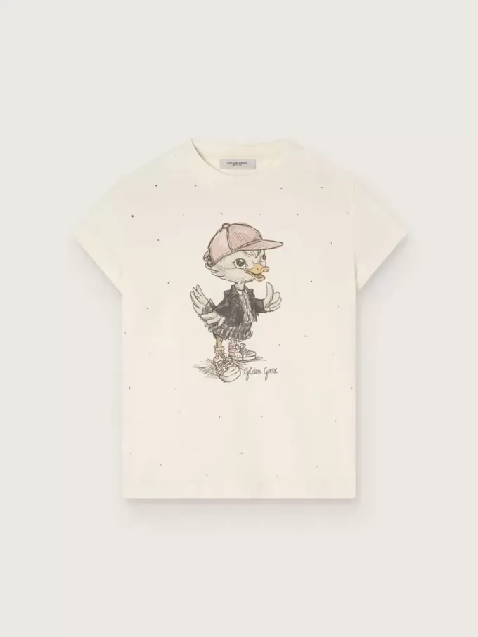 Journey T-shirt för flickor i vit bomullsjersey med digitalt tryck av maskoten och kristallapplikationer Journey T-shirt för flickor i vit bomullsjersey med digitalt tryck av maskoten och kristallapplikationer