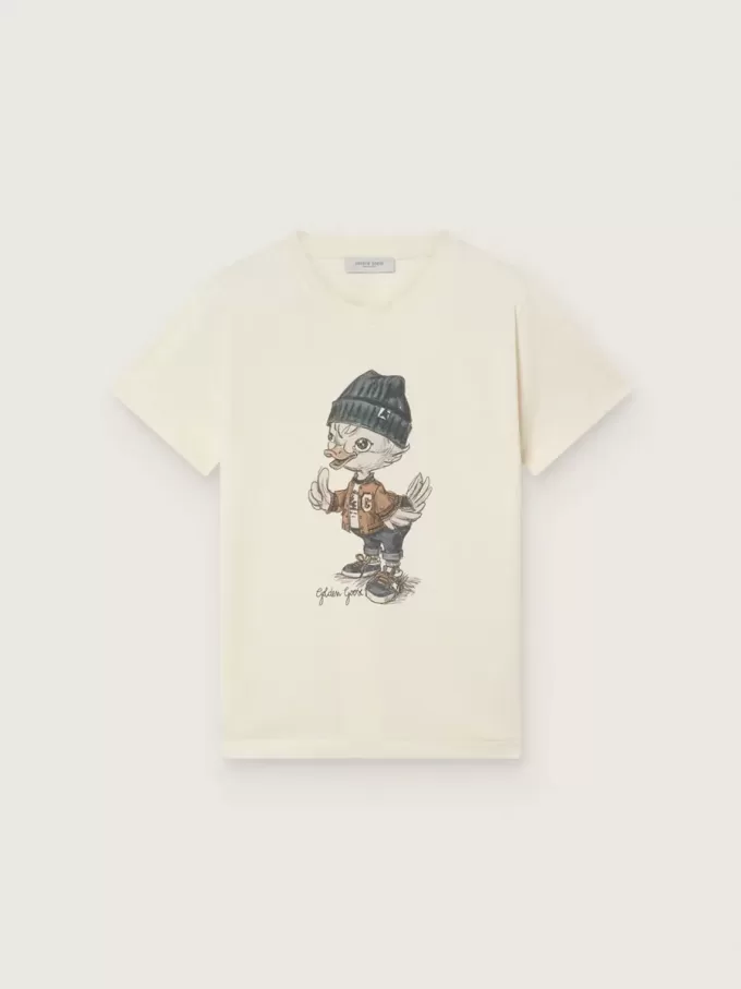 Journey T-shirt för pojkar i vit bomullsjersey med digitalt tryck av maskoten Journey T-shirt för pojkar i vit bomullsjersey med digitalt tryck av maskoten