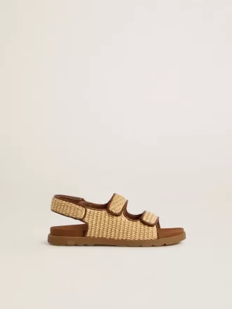 Junior Noa-sandaler i beige raffia och brunt läder