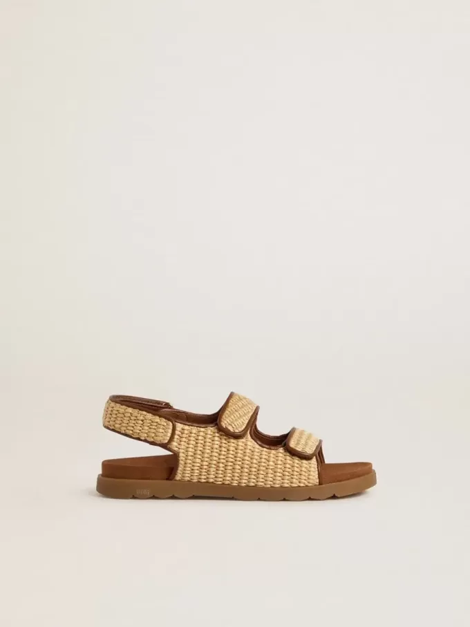 Junior Noa-sandaler i beige raffia och brunt läder