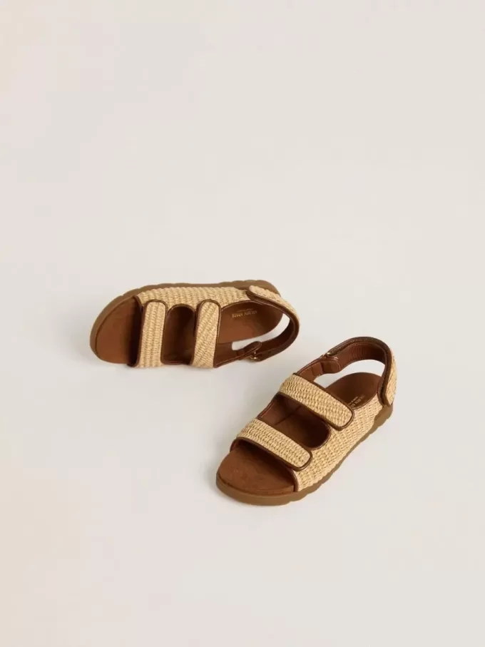 Junior Noa-sandaler i beige raffia och brunt läder