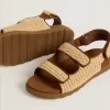 Junior Noa-sandaler i beige raffia och brunt läder