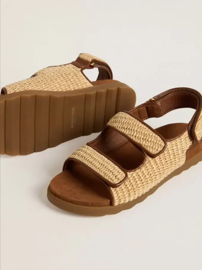 Junior Noa-sandaler i beige raffia och brunt läder