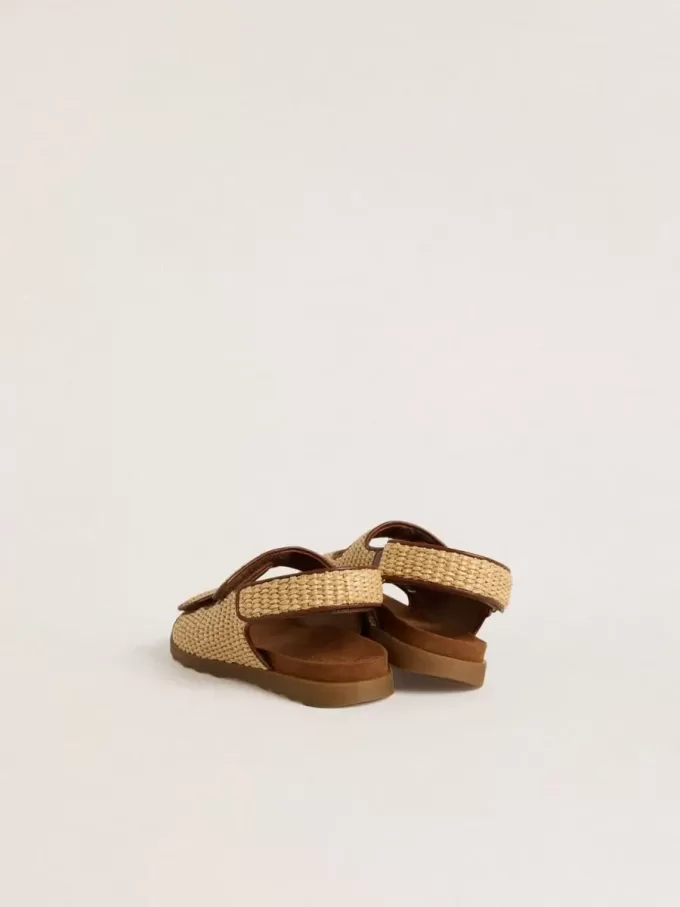 Junior Noa-sandaler i beige raffia och brunt läder