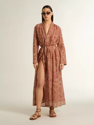 Kaftan för dam i bomullsvoile med heltäckande marinblått tryck