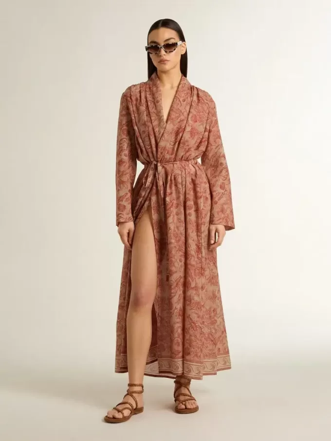 Kaftan för dam i bomullsvoile med heltäckande marinblått tryck Kaftan för dam i bomullsvoile med heltäckande marinblått tryck