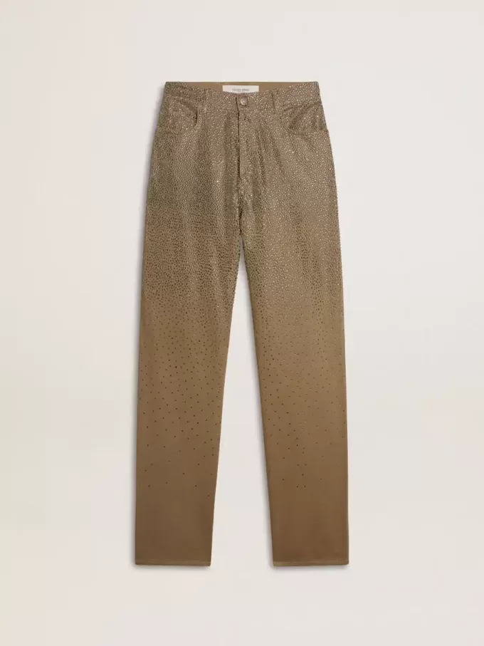Khakifärgade bomullsbyxor för damer med gradient Swarovski-effekt