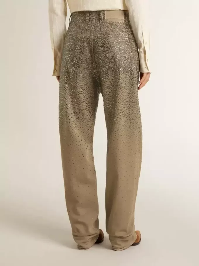 Khakifärgade bomullsbyxor för damer med gradient Swarovski-effekt