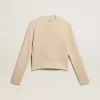 Kortare tröja med rund hals i beige ull med kristaller över hela ytan Kortare tröja med rund hals i beige ull med kristaller över hela ytan
