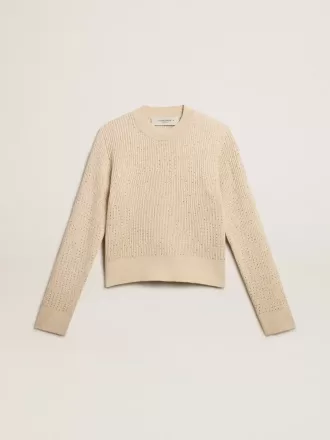 Kortare tröja med rund hals i beige ull med kristaller över hela ytan
