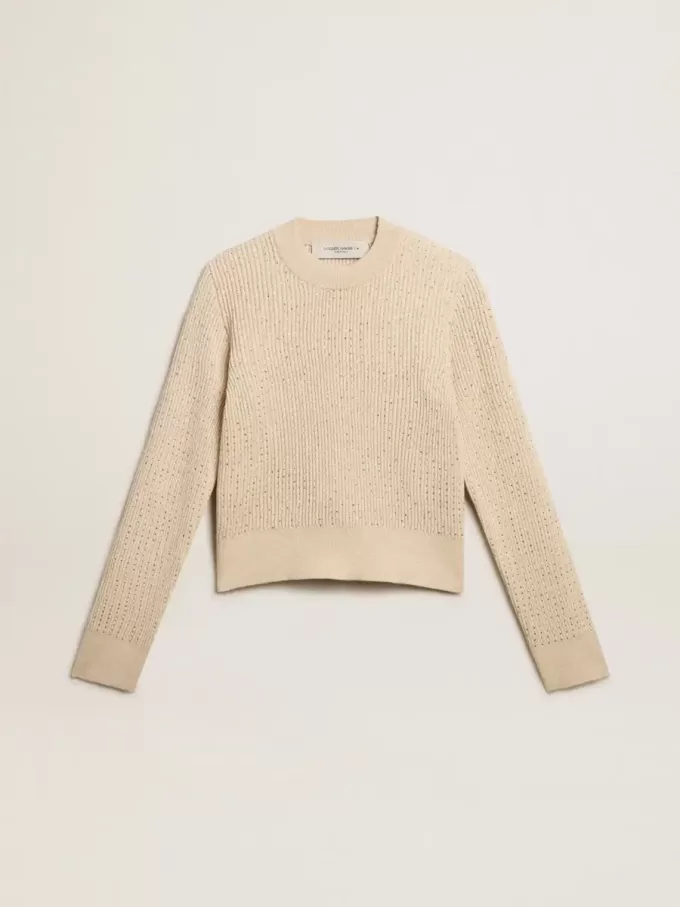 Kortare tröja med rund hals i beige ull med kristaller över hela ytan Kortare tröja med rund hals i beige ull med kristaller över hela ytan