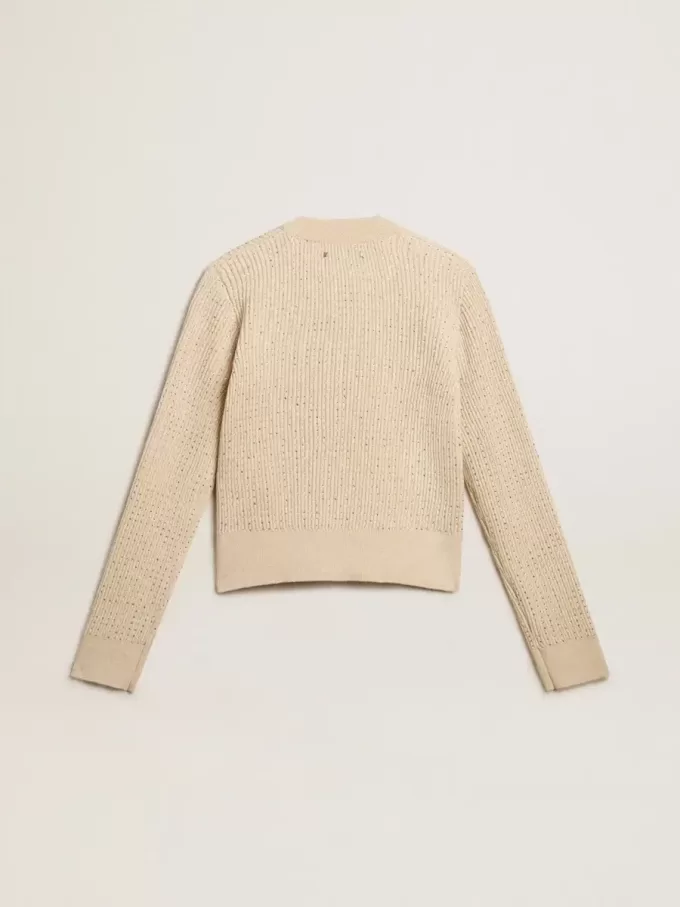 Kortare tröja med rund hals i beige ull med kristaller över hela ytan Kortare tröja med rund hals i beige ull med kristaller över hela ytan