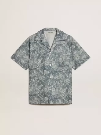 Kortärmad poplinskjorta i pyjamasstil för herr med blått och vitt marintryck Kortärmad poplinskjorta i pyjamasstil för herr med blått och vitt marintryck