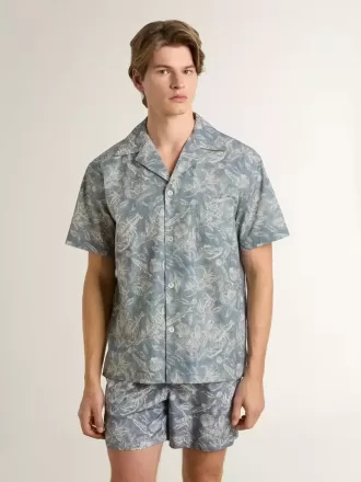 Kortärmad poplinskjorta i pyjamasstil för herr med blått och vitt marintryck Kortärmad poplinskjorta i pyjamasstil för herr med blått och vitt marintryck