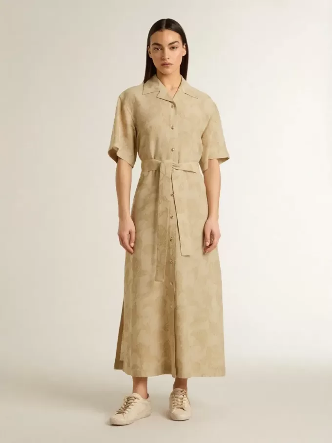 Kortärmad skjortklänning för dam i beige blommig jacquard Kortärmad skjortklänning för dam i beige blommig jacquard