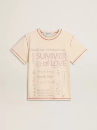 Krämefärgad dam-T-shirt med blekta röda accenter