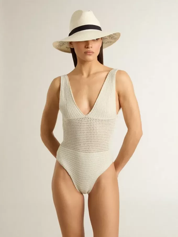 Krokat bodysuit för dam i vit bomull Krokat bodysuit för dam i vit bomull