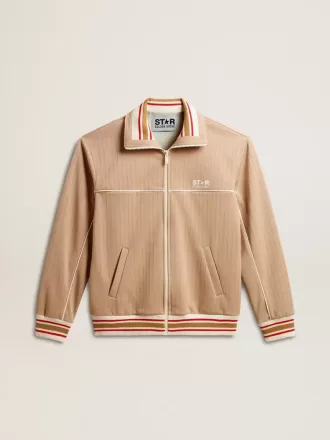 Ljusbeige sweatshirt med dragkedja och vit logotyp för herr