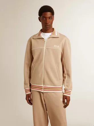 Ljusbeige sweatshirt med dragkedja och vit logotyp för herr