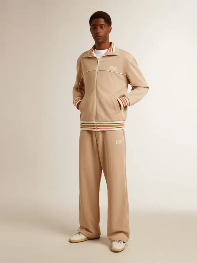 Ljusbeige sweatshirt med dragkedja och vit logotyp för herr Ljusbeige sweatshirt med dragkedja och vit logotyp för herr