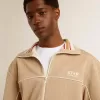 Ljusbeige sweatshirt med dragkedja och vit logotyp för herr Ljusbeige sweatshirt med dragkedja och vit logotyp för herr