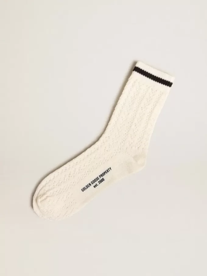 Långa ribbade strumpor i vintagevit med svart rand