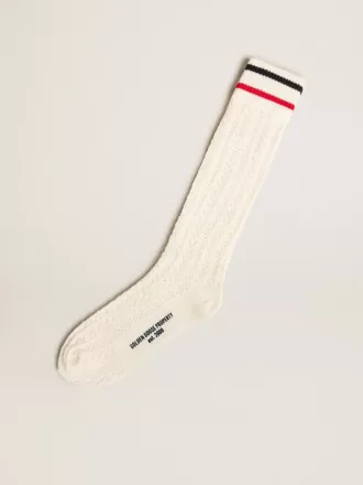 Långa ribbade strumpor i vintagevit med tvåfärgade ränder