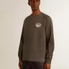 Långärmad T-shirt för herr i antracitgrå bomull med logotyp på baksidan