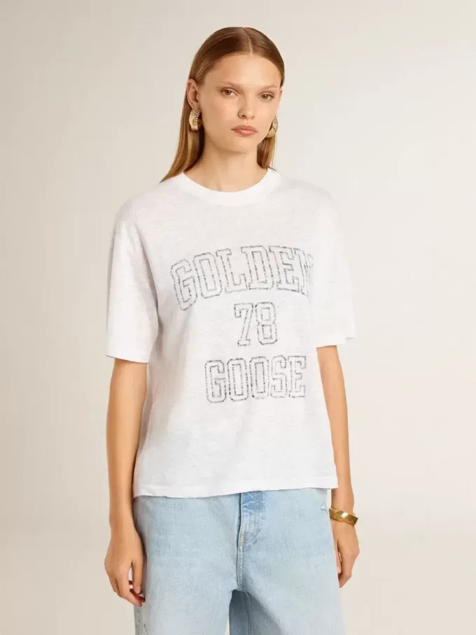 Lätt vit linne-T-shirt för damer med tryck Lätt vit linne-T-shirt för damer med tryck