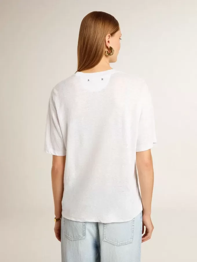 Lätt vit linne-T-shirt för damer med tryck Lätt vit linne-T-shirt för damer med tryck