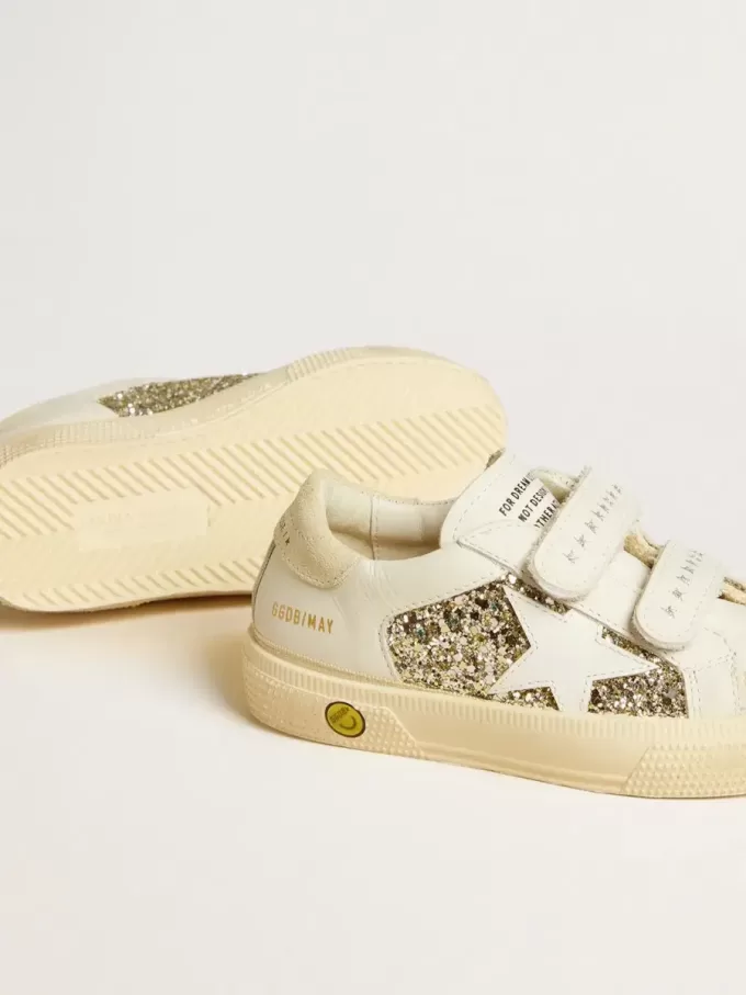 May School Young i glitter med läderstjärna och mockafläns på hälen
