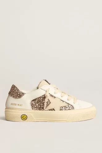 May Teen i vitt läder och roséguldglitter med beige mockastjärna