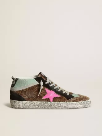 Mid Star i leopardmönstrat ponnyläder med fuchsiafärgad läderstjärna
