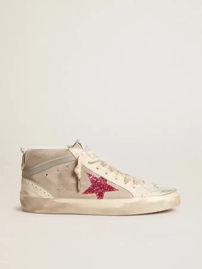 Mid Star i mocka med fuchsia glitterstjärna och grå läderdetalj