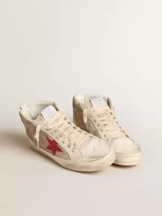 Mid Star i mocka med fuchsia glitterstjärna och grå läderdetalj