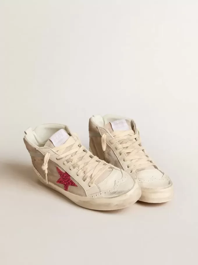 Mid Star i mocka med fuchsia glitterstjärna och grå läderdetalj