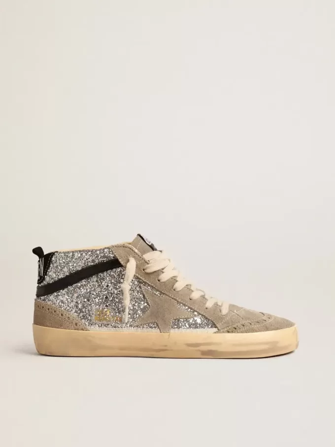 Mid Star i silverglitter med mocka-stjärna och svart flash Mid Star i silverglitter med mocka-stjärna och svart flash