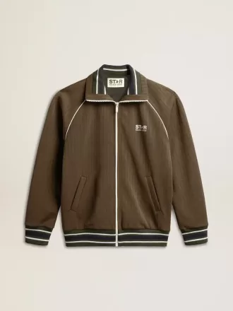 Militärgrön sweatshirt med dragkedja och vit logotyp för herr