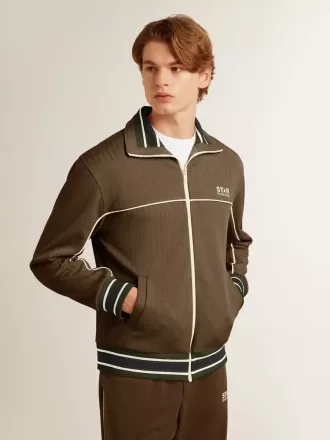 Militärgrön sweatshirt med dragkedja och vit logotyp för herr