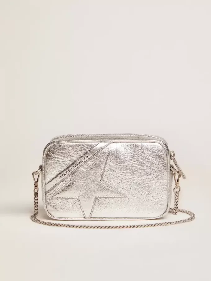 Mini Star Bag för dam i silverlaminerat läder med ton-i-ton-stjärna Mini Star Bag för dam i silverlaminerat läder med ton-i-ton-stjärna