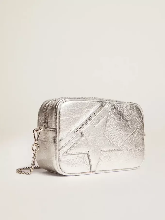 Mini Star Bag för dam i silverlaminerat läder med ton-i-ton-stjärna Mini Star Bag för dam i silverlaminerat läder med ton-i-ton-stjärna