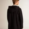 Mörkblå duffelrock i ull med huva och knäppning med toggles
