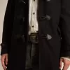 Mörkblå duffelrock i ull med huva och knäppning med toggles